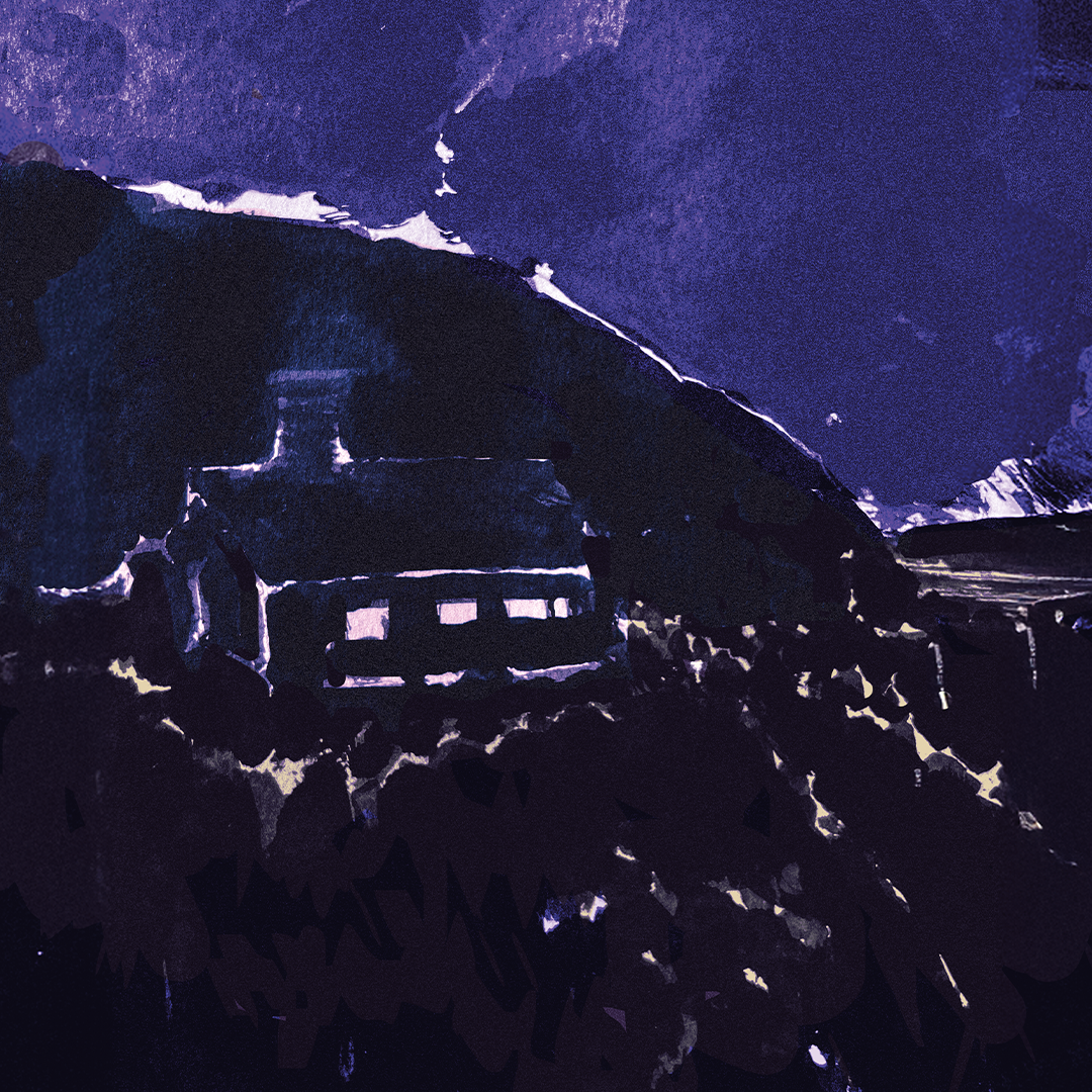 A dark, atmospheric painting of a house on Cornwall's north coast at night, with a mountainous backdrop and a purple sky.